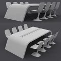 Modern Curved Conference Table With White Orange Design White Chairs And Black Strip Tabletop
