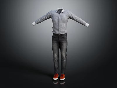 Men's Casual Clothing Set With Striped Shirt White Cuffs Dark Jeans And Red Shoes 3d model