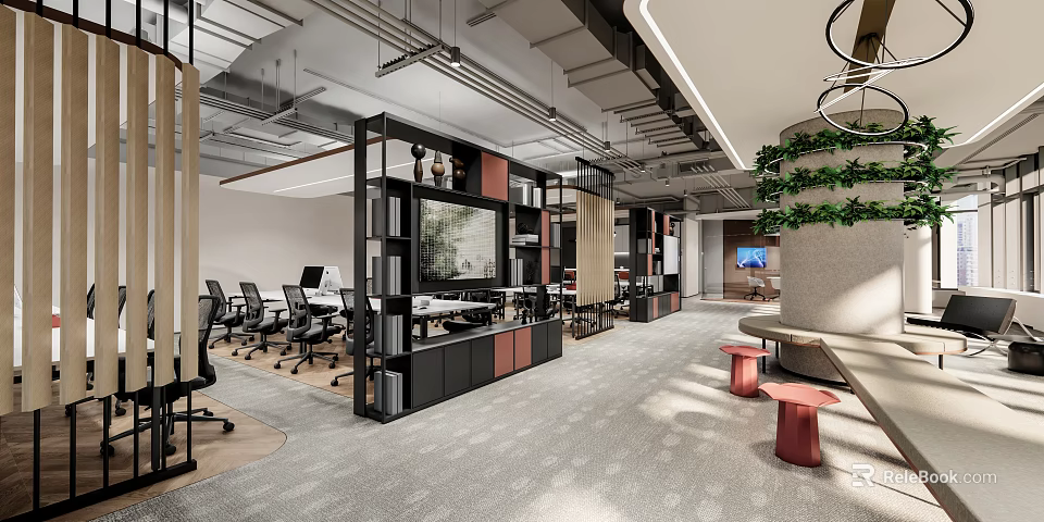 Modern Public Office Space With Desks Chairs Bookshelves And Green Plants 3d model 
