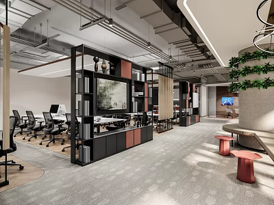Modern Public Office Space With Desks Chairs Bookshelves And Green Plants 3d model