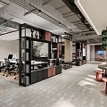 Modern Public Office Space With Desks Chairs Bookshelves And Green Plants