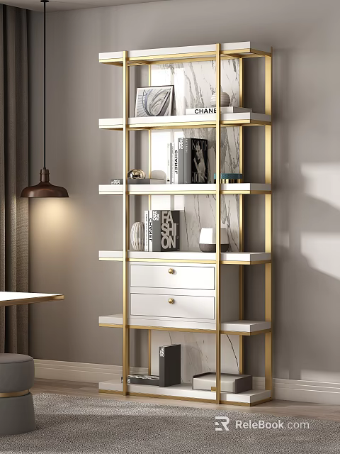 Modern Gold Frame Display Shelf With Multiple Layers Books Decor Items And Drawer 3d model 