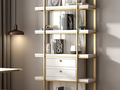Modern Gold Frame Display Shelf With Multiple Layers Books Decor Items And Drawer 3d model