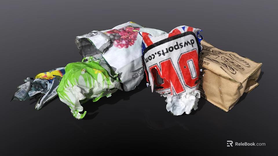 Colorful Discarded Household Items Including Plastic Bags Paper Bags And Vegetable Leaves 3d model 