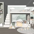 Cozy Kids Room With Bunk Bed Staircase Cloud Mountain Mural And Stuffed Toys