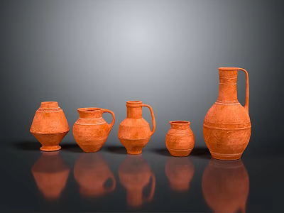 Five Orange Clay Pots With Textured Surface And Handles For Decorative 3d model