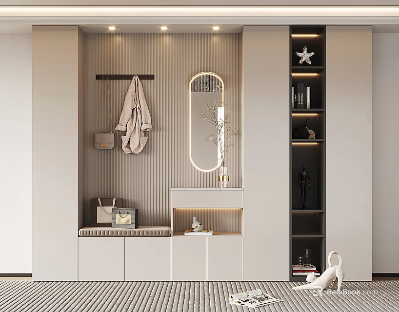 Modern Entryway Shoe Cabinet With Coat Rack Oval Mirror Bench And Display Shelves 3d model 