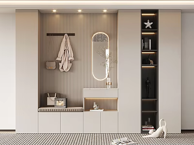 Modern Entryway Shoe Cabinet With Coat Rack Oval Mirror Bench And Display Shelves 3d model