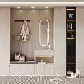 Modern Entryway Shoe Cabinet With Coat Rack Oval Mirror Bench And Display Shelves