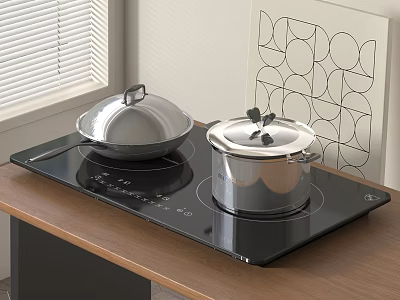 Sleek Black Induction Cooktop with Silver Pots on Wooden Kitchen Counter 3d model