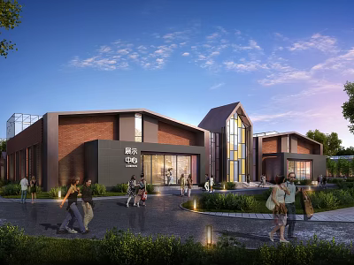 Modern Industrial Factory Building With Red Brick Exterior Large Glass Windows Greenery And Pedestrians 3d model