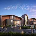 Modern Industrial Factory Building With Red Brick Exterior Large Glass Windows Greenery And Pedestrians