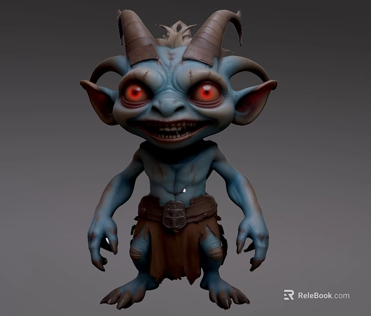Fantasy Game Movie Character With Blue Skin Horns Red Eyes And Leather Skirt 3d model 