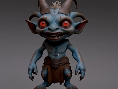 Fantasy Game Movie Character With Blue Skin Horns Red Eyes And Leather Skirt 3d model
