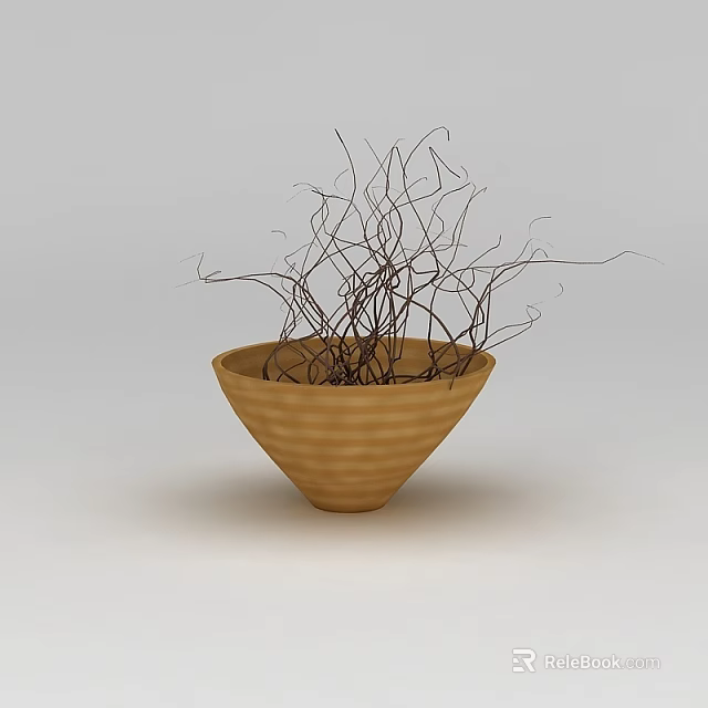 Tech Exhibition Hall Display Featuring Brown Woven Bowl With Black Slender Branches 3d model 
