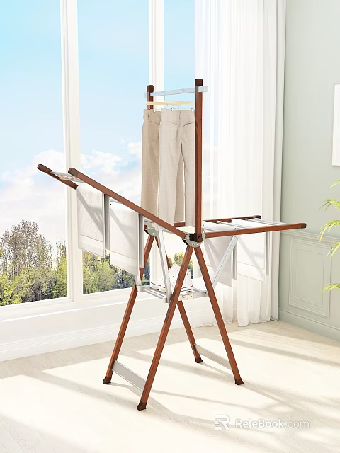 Wooden Foldable Clothes Drying Rack With Pants Drying Rods Near Window Indoor Natural Light 3d model 