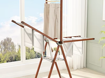 Wooden Foldable Clothes Drying Rack With Pants Drying Rods Near Window Indoor Natural Light 3d model