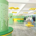 Vibrant Kids Activity Space With Green Pillars Text Yellow Decorations And Large Dice