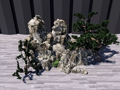 Decorative Garden Ornament With Natural Rock Formations Pine Trees And Small Green Plants 3d model