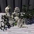 Decorative Garden Ornament With Natural Rock Formations Pine Trees And Small Green Plants