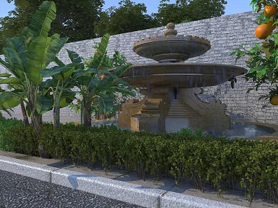 Classic Garden Landscape With Double Tier Stone Fountain And Lush Surrounding Tropical Green Plants 3d model
