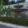 Classic Garden Landscape With Double Tier Stone Fountain And Lush Surrounding Tropical Green Plants
