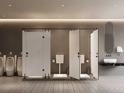 Modern Public Restroom Interior With Stalls Urinals Sink And Mirror 3d model