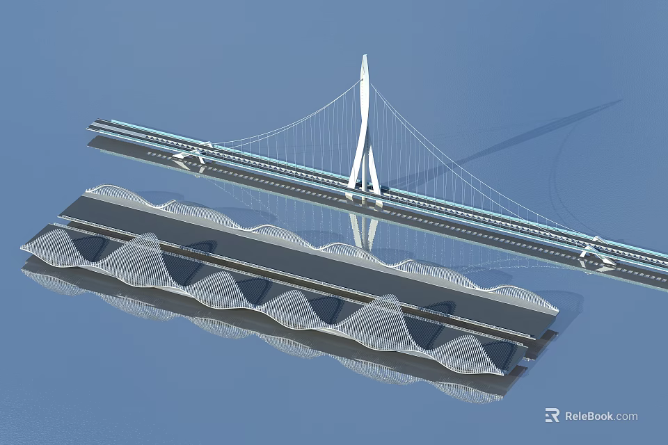 Modern Cable Stayed Bridge Design With Tall Tower And Wave Shaped Structure 3d model 