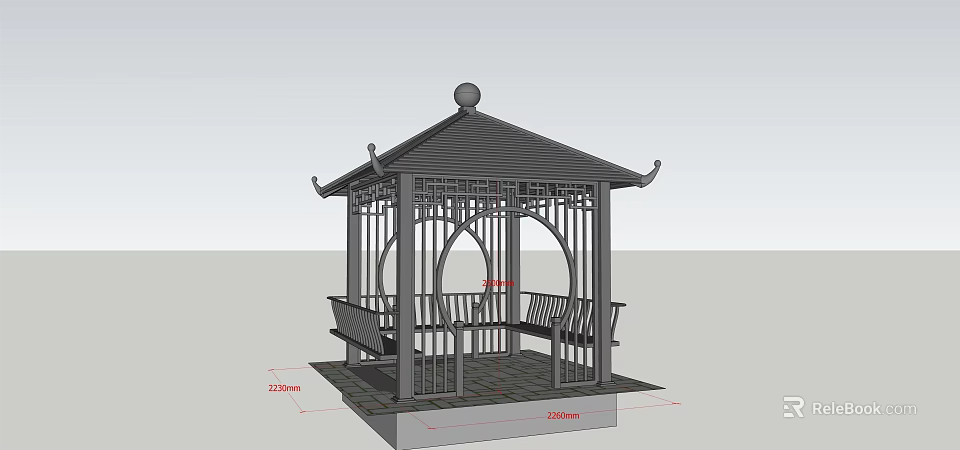 Traditional Chinese Metal Pavilion With Square Base Open Frame Benches And Decorative Top 3d model 