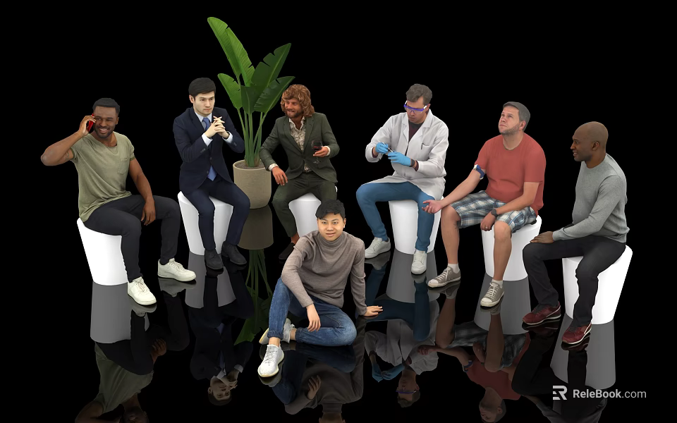 Diverse Group of People Socializing in Sitting Arrangement With Large Green Plant and Reflective Floor 3d model 