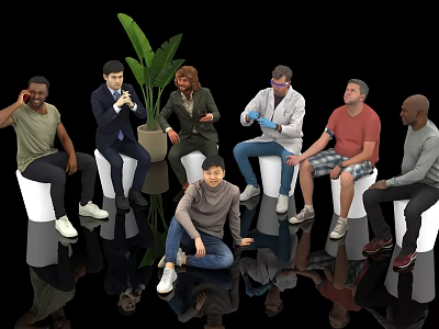 Diverse Group of People Socializing in Sitting Arrangement With Large Green Plant and Reflective Floor 3d model