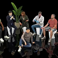 Diverse Group of People Socializing in Sitting Arrangement With Large Green Plant and Reflective Floor