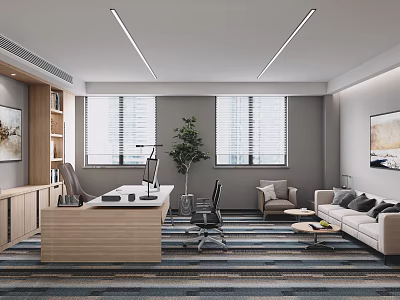 Modern Office Interior Design With Wooden Desk Office Chair Sofa Coffee Table And Potted Plant 3d model