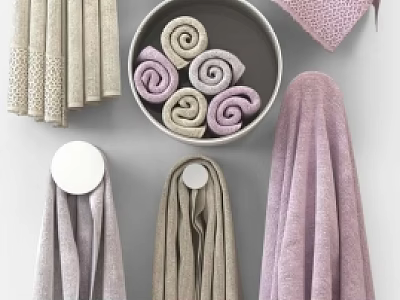 Soft Decorative Towels Hanging And Rolled In Bowls Lavender Light Gray With Textured Edges 3d model