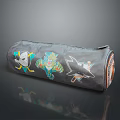 Gray Pencil Case With Vibrant Skull Monster And Shark Cartoon Patterns