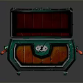 Open Decorative Storage Chest With Green Red Accents And Gold Coins Inside