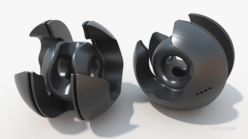 Black Industrial Equipment Featuring Complex Geometric Structure With Hollow Core And Curved Blades 3d model 