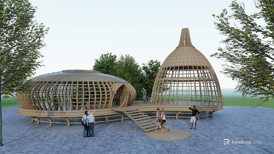 Wooden Dome Shaped Pergola With Grid Frame Design And Surrounding Trees 3d model 