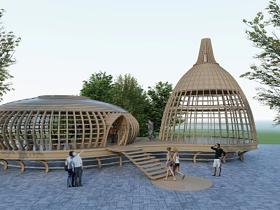 Wooden Dome Shaped Pergola With Grid Frame Design And Surrounding Trees 3d model