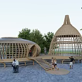 Wooden Dome Shaped Pergola With Grid Frame Design And Surrounding Trees