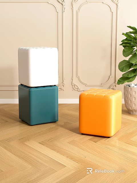 Colorful Square Tufted Stools in White Teal Orange on Wooden Floor with Decorative Wall 3d model 