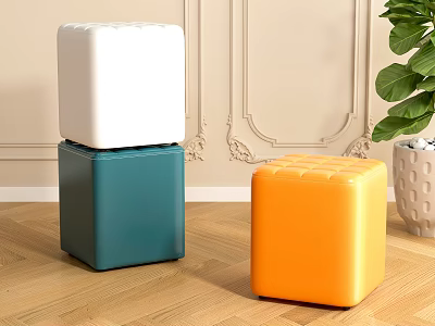 Colorful Square Tufted Stools in White Teal Orange on Wooden Floor with Decorative Wall 3d model