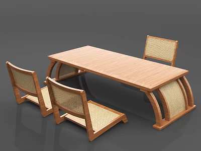 Modern Minimalist Wooden Dining Table Set With Three Rattan Backrest Chairs Natural Color 3d model