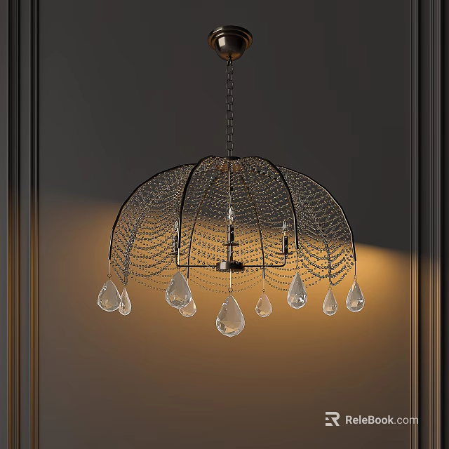 Elegant Modern Hanging Chandelier Featuring Metal Mesh Frame And Crystal Droplets Design 3d model 