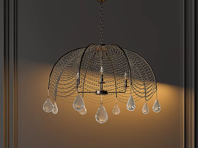 Elegant Modern Hanging Chandelier Featuring Metal Mesh Frame And Crystal Droplets Design 3d model