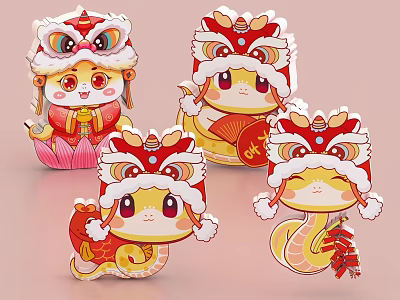 Chinese New Year Activity Doorway With Cartoon Lion Head Red Hats Lotus Fan Fu Firecracker Decorations 3d model
