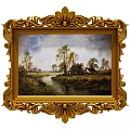 Golden Carved Frame With Landscape Painting Featuring River Trees And Cottage