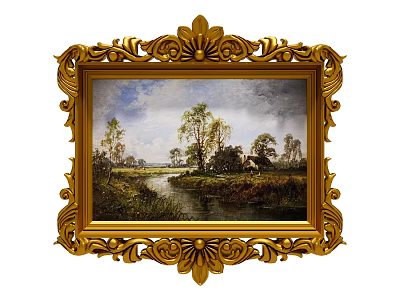 Golden Carved Frame With Landscape Painting Featuring River Trees And Cottage 3d model