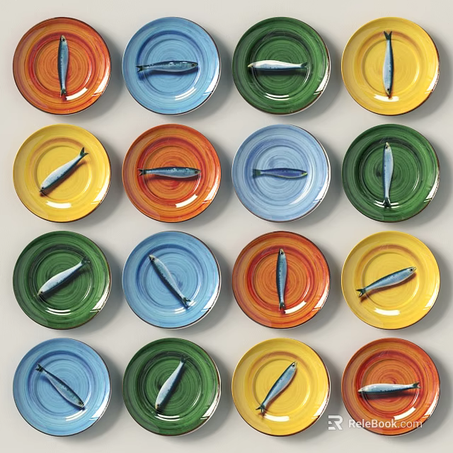 Colorful Ceramic Plates With Fish Shaped Decoration Arranged On Wall Surface 3d model