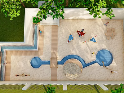 Outdoor Children Playground With Sand Area Blue Water Channels And Green Trees 3d model